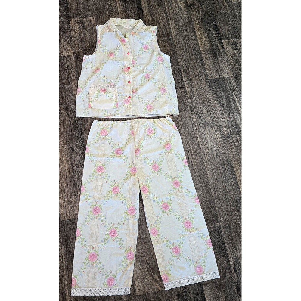 Vtg Barbizon Pajama 2 Set Womens Pink Green Lace Floral Rose Handmade 60s 70s